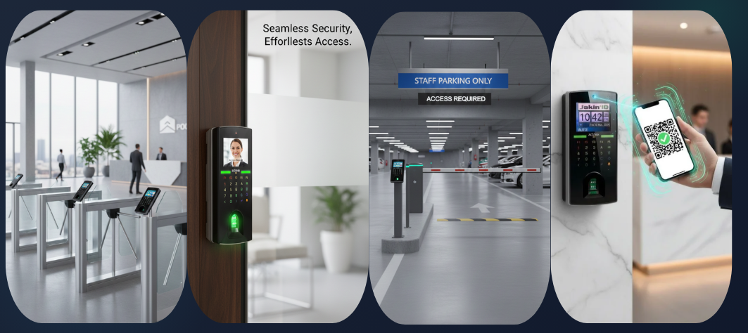 ACTAtek multi-modal biometric device showing facial recognition, fingerprint, and RFID authentication