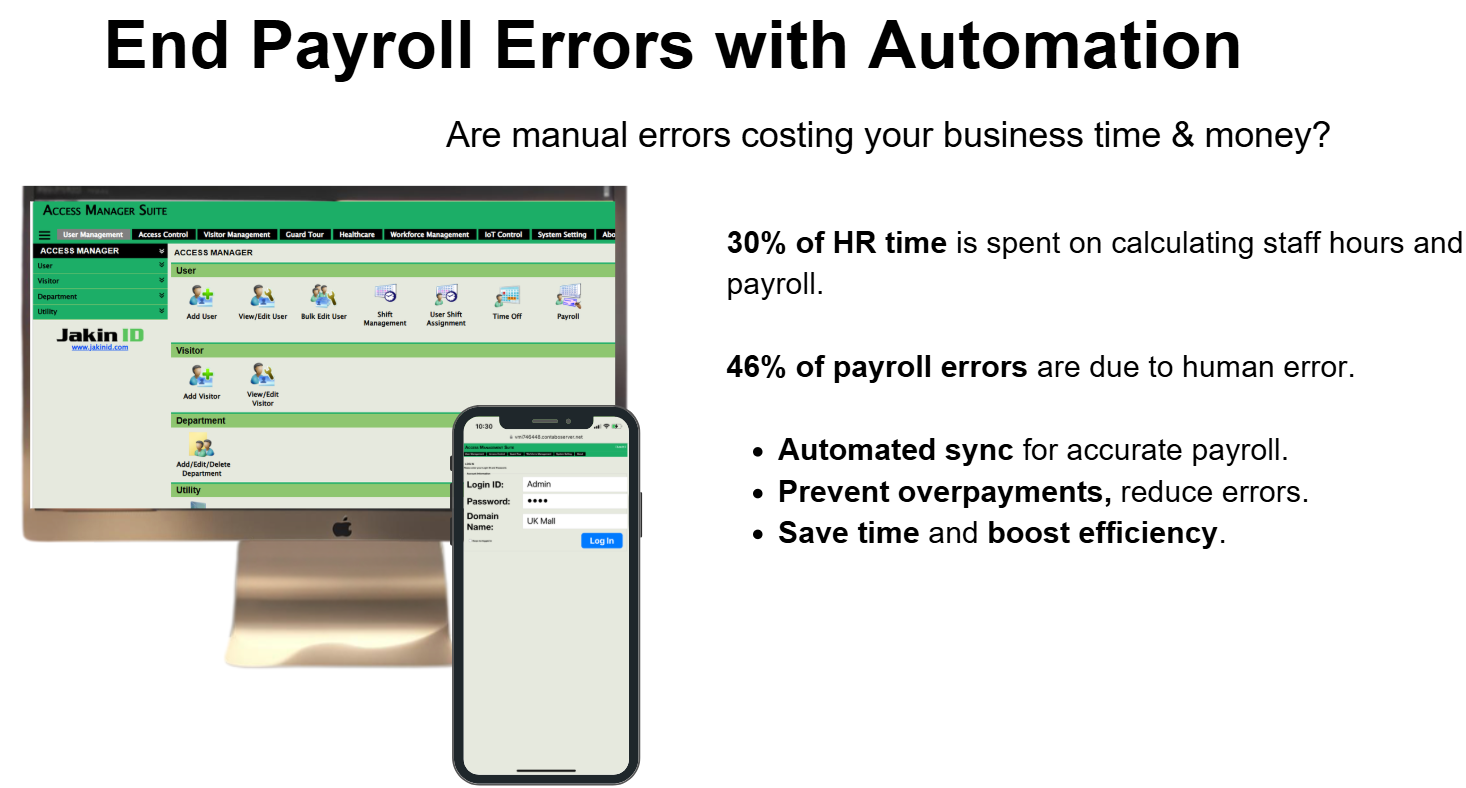 ACTAtek workforce management functions showing attendance, job costing, shift management and mobile app